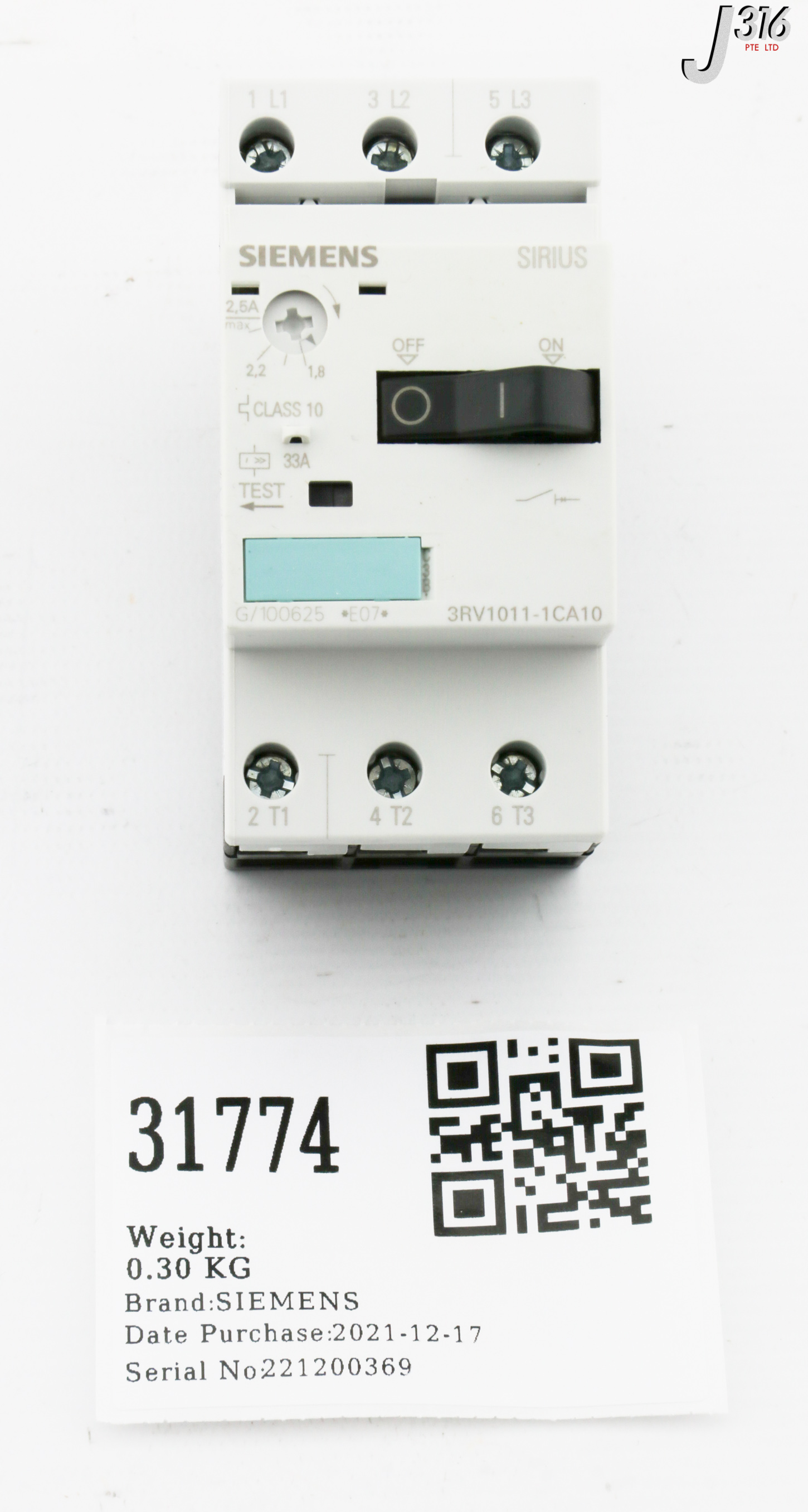 31774 SIEMENS MTR PROTECTION CIRCUIT BREAKER, 2,5A (NEW) 3RV1011